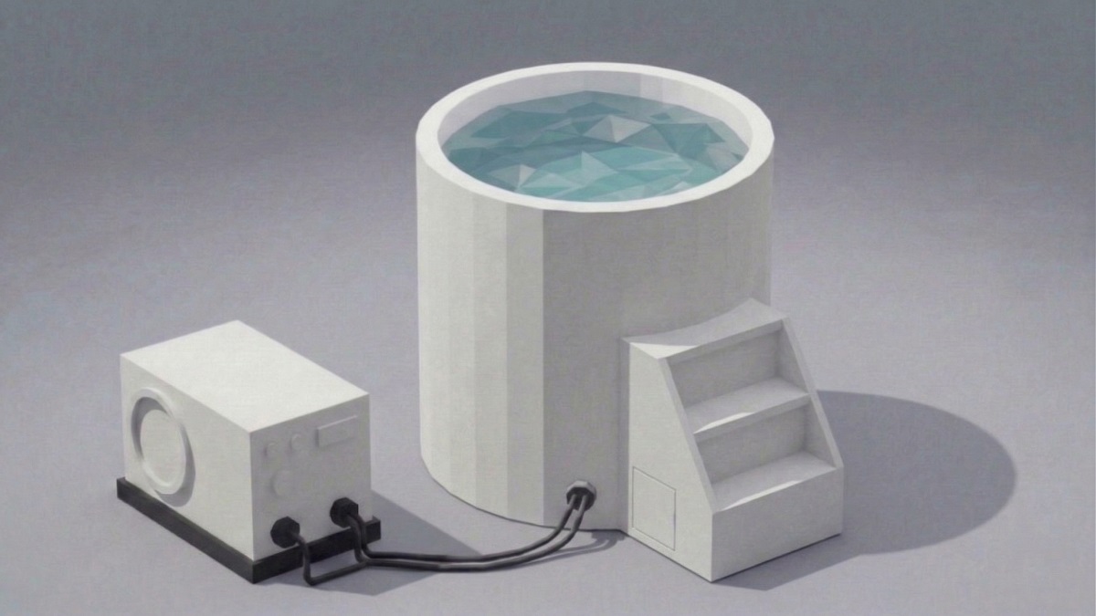 Circular rigid cold plunge tub with external chiller unit and steps