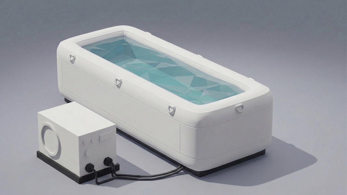 Rectangular inflatable cold plunge tub with external chiller unit