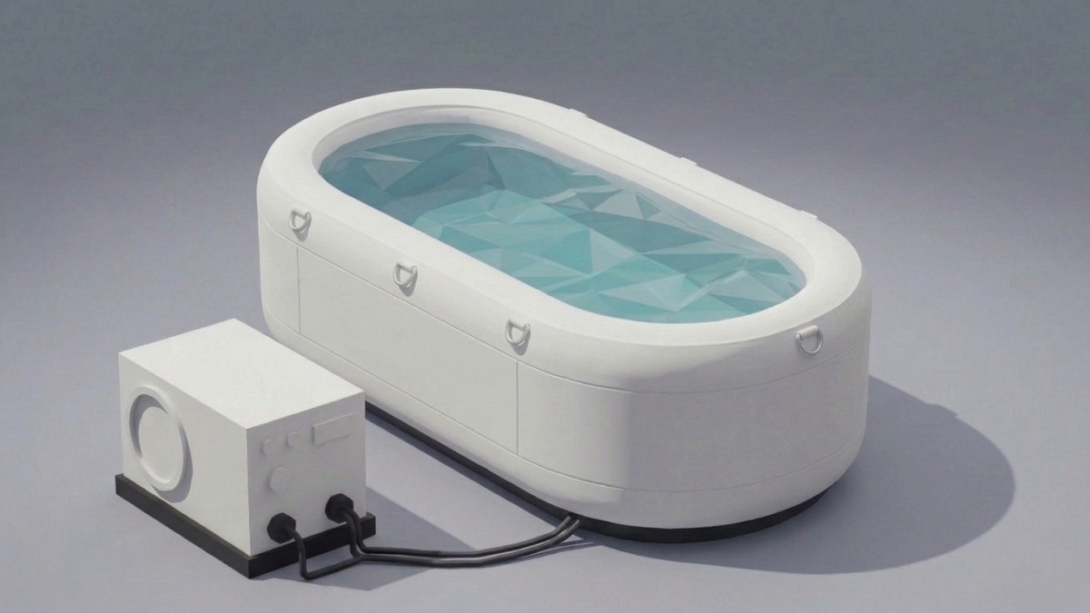 Rectangular inflatable cold plunge tub with rounded corners and external chiller unit