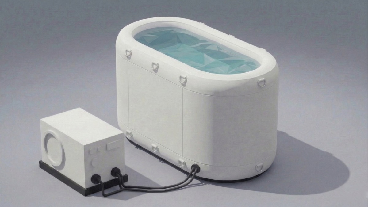 Rectangular inflatable cold plunge tub with rounded corners, pod-like shape, and external chiller unit