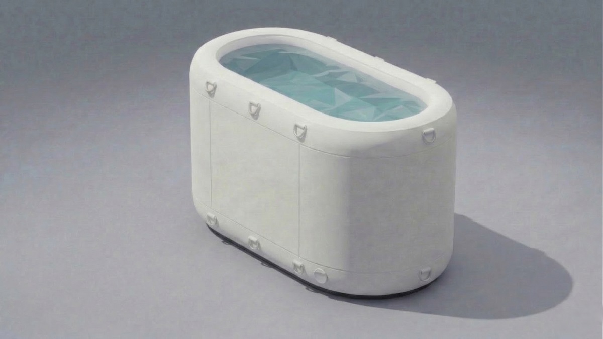 Rectangular inflatable cold plunge tub with rounded corners and pod-like shape