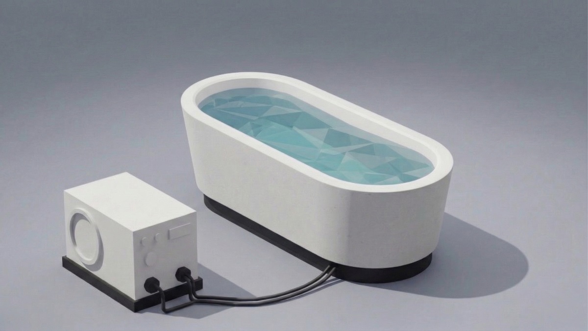 Rectangular rigid cold plunge tub with oval ends, tapered ends, and external chiller unit
