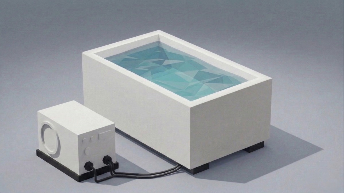 Rectangular rigid cold plunge tub with shorter length, wider width, and external chiller unit