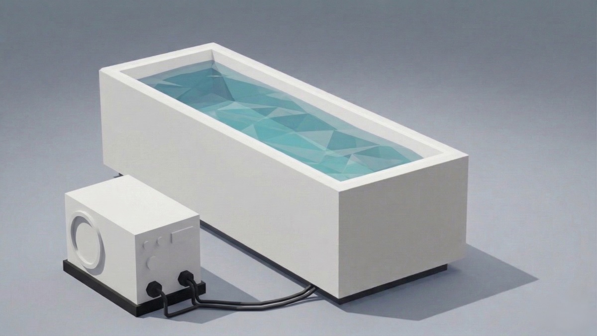Rectangular rigid cold plunge tub with external chiller unit