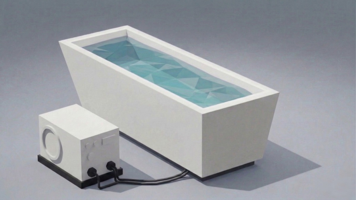 Rectangular rigid cold plunge tub with tapered end and external chiller unit