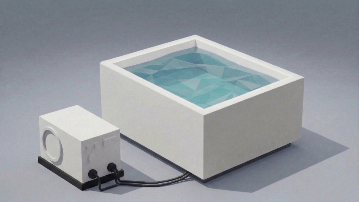 Squareish rigid cold plunge tub with external chiller unit